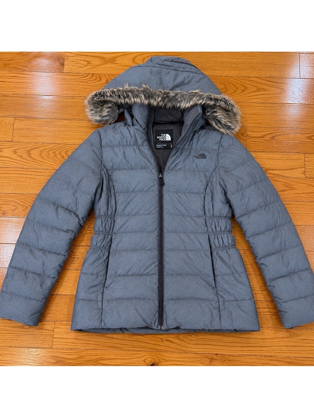 Size Medium The North Face Women’s Gray Hooded Puffer Jacket Faux Fur Trim